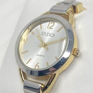 Studio Time Womens Watch 32mm Silver Gold Two Tone Hinged Cuff New Battery 6.25"